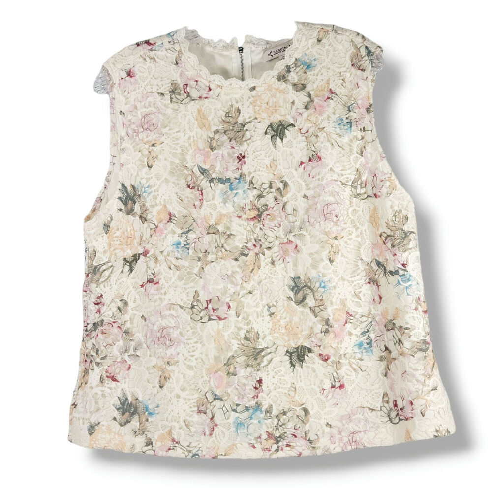 Nanette Lepore Floral Lace Top Ivory Pink Blue Scalloped Neck Back Zip Pastel XL